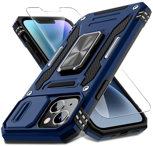 DEERLAMN for iPhone 14 Plus Case with Slide Camera Cover+Screen Protector(1 Pack), Rotated Ring Kickstand Military Grade Shockproof Protective Cover 6.7 Inch-Navy Blue