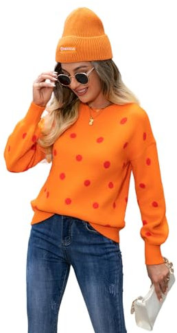 HEYPORK Damen Herbst Winter Warm Bequem Pullover Casual Mode Strickjacke Strickpullover Frauen Pullover Strickwaren Polka Dot Pullover(Orange, L)