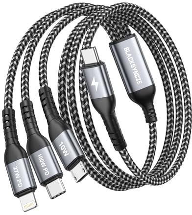 BLACKSYNCZE 100W Câble Chargeur Multi Embout [1.2M] Cable USB C vers Cable Multi Chargeur avec Micro USB Type C Lightning Câble pour iPhone 15/14/13, Samsung Galaxy S24/S23, Pad Pro, Macbook Pro/Air