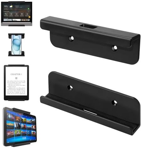 Kigniote Wall Mounted Tablet Holder, Universal Plastic Wall Mount for Tablet, Phone and e-Reader, Black Phone Wall Mount, Adhesive or Screw Installation Wall Holder