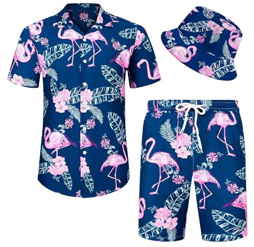 Angenster Hawaii Hemd Männer, 3 Pcs Hawaii Outfit Herren Festival Outfit mit Fischerhut Hawaihemd Shorts, Sommerhemd Herren Flamingo Floral Strandhemd Faltenfrei Urlaub Hemd Set (Blau Rosa, S)