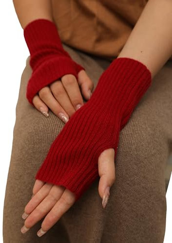 Prettystern Rippstrick Damen Kaschmir Pulswärmer leichte HandStulpen cashmere pulse warmers Halb-Handschuhe Rot