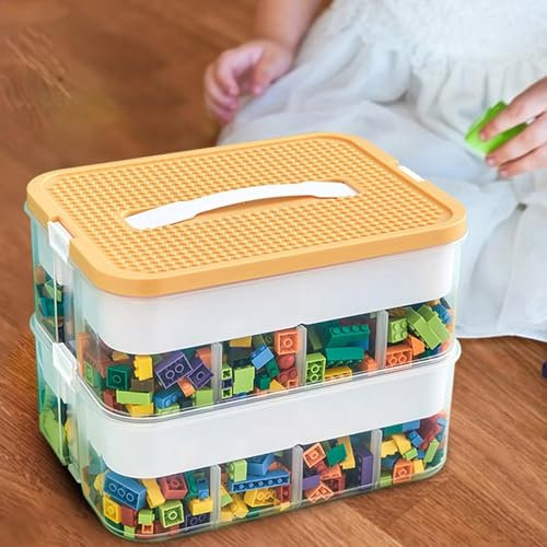 Building Blocks Storage Bin | Building Blocks Storage Containers | 2 Layers Toy Organizer Bins With Compartments | Toy Box With Building Baseplate Lid | Containers Bins For Dolls Crafts Organization