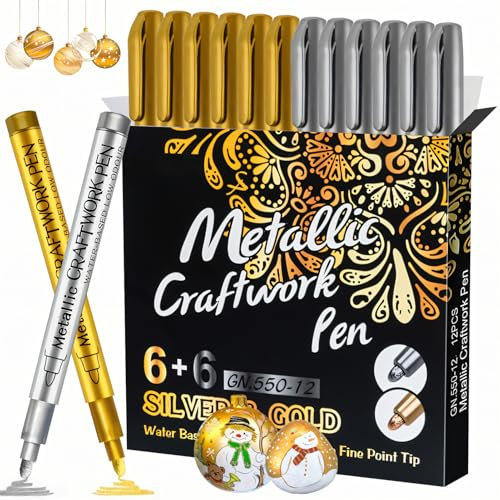 Allony Metallic Paint Pens - Gold & Silver, 12 pcs for Rock, Stone, Ceramic, Glass, Wood, Fabric, Canvas, Metal, Scrapbooking