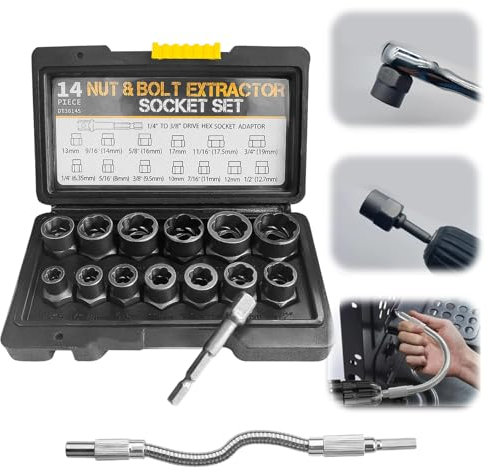 15-tlg 3/8'' Schraubenentferner-Set, Schraubenausdreher-Muttern-Entferner, Schraubenentferner mit 200mm flexible welle, 6.35-19mm Mutter, Antriebsadapter, Radmuttern-Entferner-Set mit Tragetasche