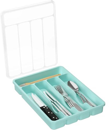 Lifewit Range Couverts pour Tiroir avec Couvercle, Boîte de Rangement Couverts de Cuisine, Organisateur de Couverts en Plastique, pour Cuillères Fourchettes, Couteaux, 5 Compartiments, Turquoise