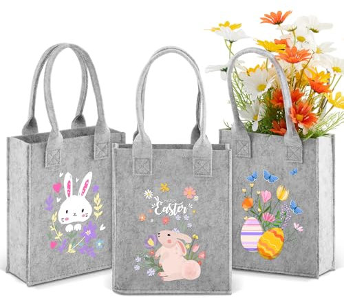 Xuniea 3 Stück Ostern Filztaschen Geschenktaschen für Blumen 22 x 18 x 7 cm Ostertasche mit Henkel Osternest Verpackung Ostereiersuche Taschen Ostertüte für Geschenken Eiersuche Partyzubehör
