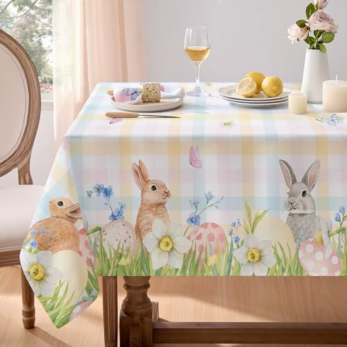 Softalker Ostern Tischdecke Frühling Abwaschbare 180x140 cm Rechteckig Bunte Kariert Kaninchen-Tischdecken Outdoor Wasserabweisend Tischtuch Abwischbare Deko Esstisch Hochzeit Geburtstag Ausstellung