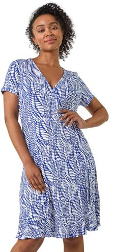 Roman Originals Floral Print V-Neck Wrap Stretch Dress for Women UK - Ladies Everyday Holiday Spring Summer V-Neckline Comfy Soft Evening Vacation Work Party - Petite Blue White - Size 18