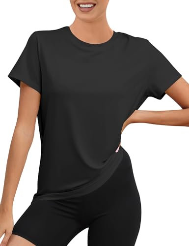 Rapbin Yoga Top Damen Kurzarm UV Shirt Damen Rundhals Sport Top Passend für Fitness Laufshirt(Schwarz,L)