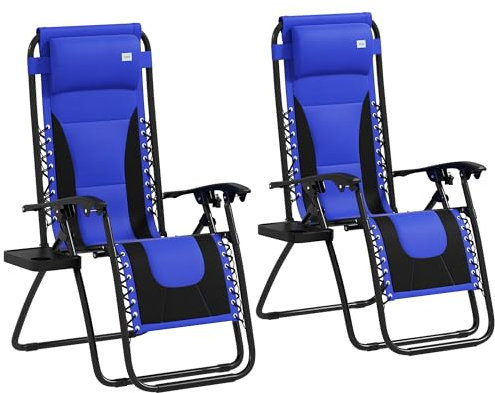Outsunny Zero Gravity Lounger Chair Set of 2, Folding Reclining Patio Chair with Padded Seat, Cup Holder, Soft Cushion and Headrest for Poolside, Camping, Blue
