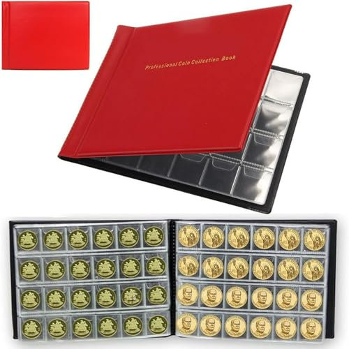 240-Pocket Coin Collection Album – Red Coin Collectors Book with Display Storage Case, Organiser Sleeves for Coins, Pennies, Currency & Money Collections