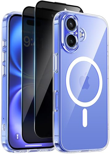 Helssitot Magnetisch Handyhülle Kompatibel mit iPhone 16 Hülle Kompatibel mit MagSafe mit 2 Stück Sichtschutz Schutzfolie, [Nie Vergilbung] Hard PC Kratzfest Stoßfest Schutzhülle Durchsichtig Case