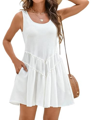 Satohom Vestidos Verano Mujer Sin Mangas Vestido de Playa Cuello Redondo con Bolsillos Vestido Tallas Grandes Midi Vestido Algodón Sueltos Color Sólido Boho Casual Elegante T-Shirt Dresses