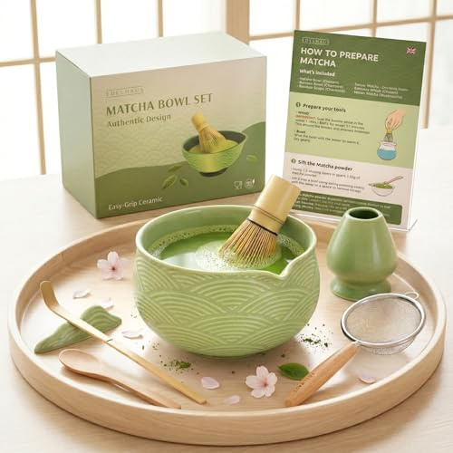 EDELHAUS Matcha Whisk Set, 7 Pcs Matcha Kit with Bowl - Green Mist | Everything for a Café Grade Matcha at Home - Bowl with Spout, Bamboo Whisk and Holder, Scoop, Rest and Sifter