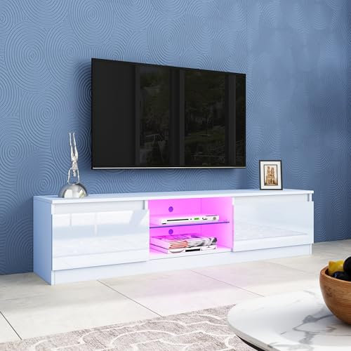 Hochglanz TV-Schrank Lowboard Fernsehschrank mit LED-Beleuchtung,Moderner 160cm Fernseher Tisch TV Tisch Sideboard mit 2 Türen 2 Regale für Wohnzimmer, Esszimmer, Schlafzimmer 160x35x40cm (Weiß)