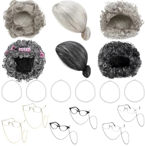 OJMHD 24 Stück Grau Oma Perücke Set, Alte Frau Dame für Damen