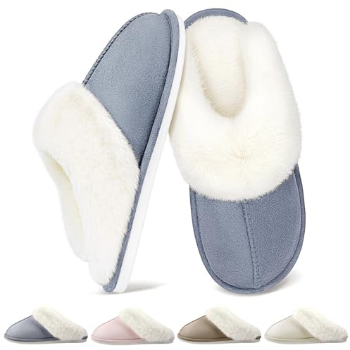 QQSQ Chaussons Femme Homme Hiver Pantoufles Maison Confort fourrés Faux Daim à Fourrure Doublure Pantoufles Slippers Cuir Peluche Mules Fourrure Antidérapantes pour Intérieur/Extérieur , Gris,44-45 EU