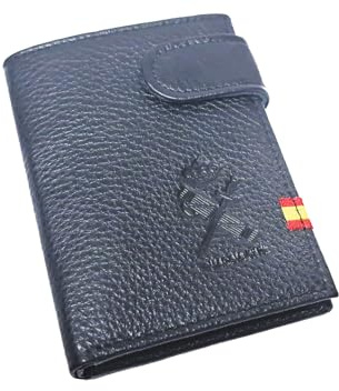 Tiendas LGP - Cartera Billetero Tarjetero Monedero, para Hombre de Color Negro, Emblema Guardia Civil, con Detalle de Bandera de España, Piel de Vacuno, Fabricada en España, Vertical