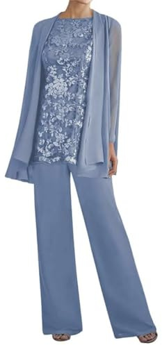 Infuness 3 Teilig Damen Hosenanzug Chiffon Brautmutter Anzug für Hochzeit Formelle Hosen mit Jacke