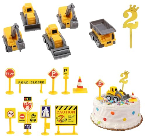 Kuchen Deko Baustelle, Baustellenfahrzeuge Kinder 2 Jahre, 15 Stück Bagger Tortendeko, Mini Bagger Kuchendeko Spielzeug mit Verkehrsschildern, Baufahrzeuge für Geburtstag Junge Mädchen (2 Jahre)