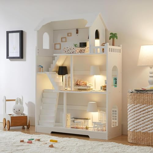 Holz-Puppenhaus-Bücherregal 3-Stöckig, Kinder-Puppenhaus-Bücherregal, Kinder-Spielzeugaufbewahrungs-Bücherregal mit extra Platz, Nachahmungsspiel-Spielhaus, Geschenk für Mädchen und Jungen ab 3 Jahren