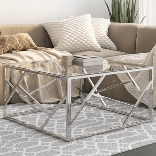 GeenYuu Table basse en acier inoxydable argenté et verre trempé, 80 x 80 x 40 cm, design robuste pour le salon, facile d'entretien, meuble moderne, forme ronde