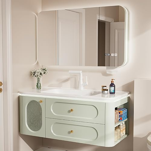 ZKBDBWTR Modernes Waschtisch mit Unterschrank und Waschbecken | Intelligente Waschtisch und Sanfte Beleuchtung, Ausgestattet mit Toilettenpapierhalter und Waschbecken(Green,80cm/31.4in)