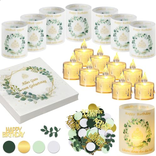 VIRETH HAUS Geburtstag Tischdeko Set Eukalyptus Grün, Geburtstagsdeko | Mit 12 Windlicht, 12 LED Kerzen, 24 Happy Birthday Servietten und 100 Konfetti für Frau Mann, Geeignet Geburtstagsparty