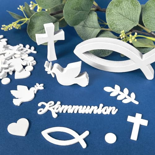 Streudeko Kommunion Deko, 66 Stück Tischdeko Kommunion Dekoration | Erstkommunion Deko Holzfische Schriftzug Streudeko Fisch Holzkreuz Taube Ähren Deko Erstkommunion Mädchen Junge