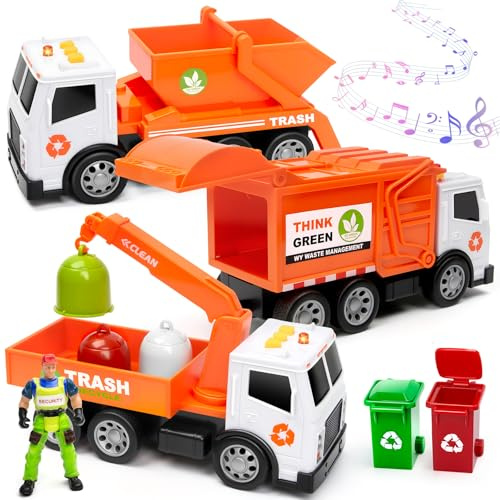 BunnyJOY Camion Poubelle Jouet Enfant avec Lumières et Sons, Lot de 3 Camions de Recyclage avec Grue, Bennes de Tri et Figurine, Jouet Camion 3 Ans+, Orange