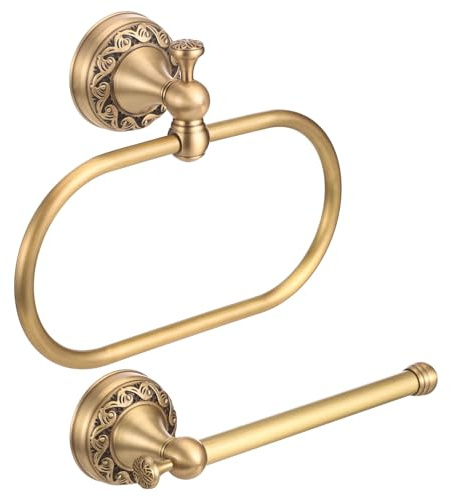 Antique Brass Toilet Paper Holder Set, Oval Hand Towel Ring with Exquisite Carved Pattern, Wall-Mounted Vintage Bathroom Hardware Accessory for Home, Hotel Washroom Decor