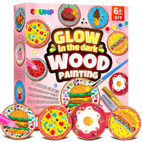 EPUMP Kit de peinture sur disques en bois pour enfants, 14 disques en bois et aimants, kit de bricolage avec peintures acryliques, peintures phosphorescentes, aimants pour réfrigérateur et création de
