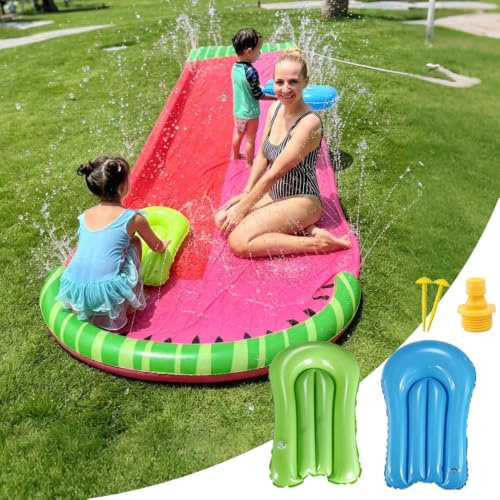 KBIBCK 480 cm Water Slide, Lawn Water Slides for Kids with 2 Racing Lanes & 2 Body Boards, Slip and Slide WaterSlide, WaterSlide Mat,Double Slip Waters Slide with Sprinkler for Kid Adult (Watermelon)