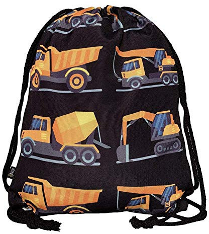 HECKBO Kinder Jungen Turnbeutel - schwarz, beidseitig mit 8 Baufahrzeugen Bedruckt - 40x32cm - für Kindergarten, Kindergartenrucksack