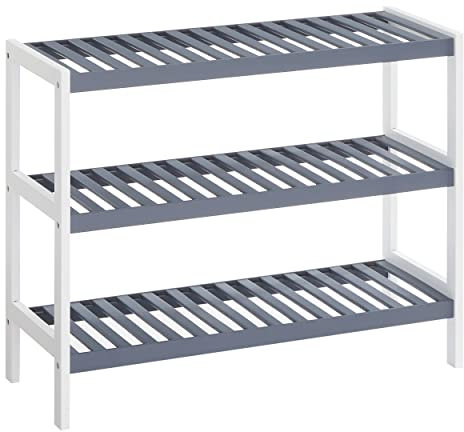 SONGMICS Schuhregal aus Bambus, Schuhablage mit 3 Ebenen, Schuh-Organizer, Regal für Schuhe, Pflanzen, Bücher, Wohnzimmer, Flur, Schlafzimmer, Badezimmer, 26 x 70 x 55 cm, weiß-grau LBS03WG