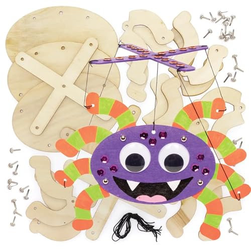 Baker Ross FE690 Spinnen-Marionette aus Holz, 3 Stück, Basteln Sie Ihre eigenen Holzpuppen, Puppen für Kinder, Holzhandwerk für Kinder zum Zusammenbauen und Dekorieren