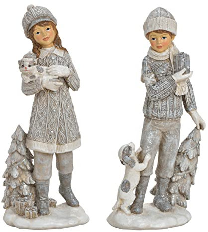 2er Dekofigur Winter Kinder mit Hund und Katze | Weihnachtsdeko Winterdeko | 22 cm