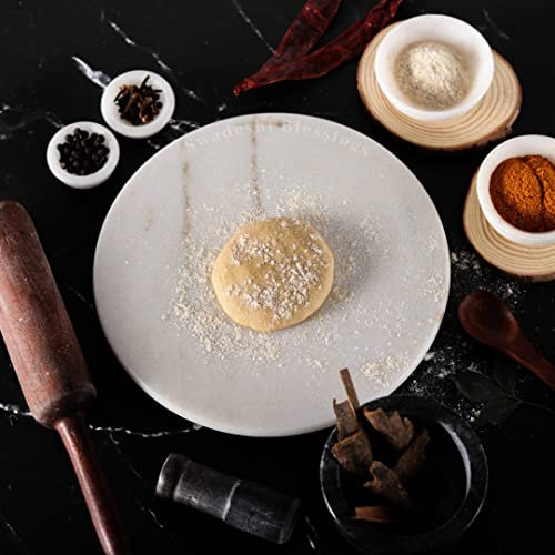 SWADESHI BLESSINGS Handgefertigter Vintage-Marmor-Chakla/indischer Roti-Maker/Brotbackmaschine/Marmorplatte für Chapatti/Murmel-Schneidebrett/Pizzamaker/Teigroller