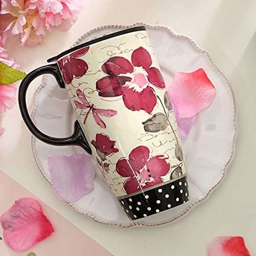 DUSVALLY Ceramic Mug Large Coffee Mug Tall Travel Cup Porcelain Latte Tea Cup with Lid 17oz.Red Flower