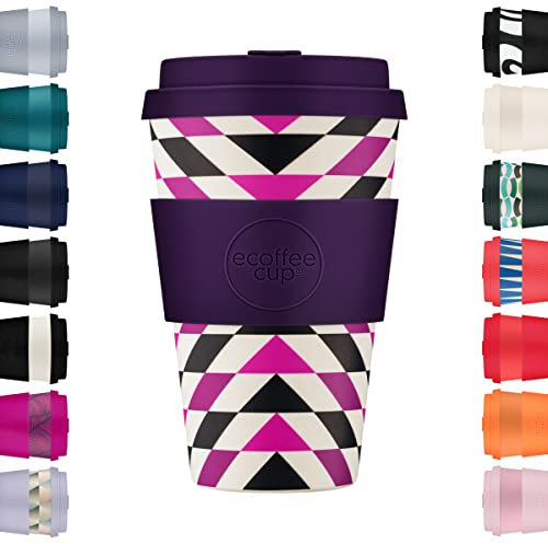 14oz 400ml Ecoffee Cup Wiederverwendbare umweltfreundliche 100% pflanzliche Kaffeetasse mit Silikondeckel und Hülle - Melaminfreie und biologisch abbaubare Reisetasse, Fancy Wang