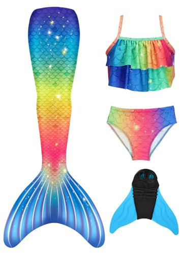 BAWADE Meerjungfrauenflosse Mädchen Meerjungfrau Flosse mit Bikini Setfür Kinder und Monoflosse(4 Stück)