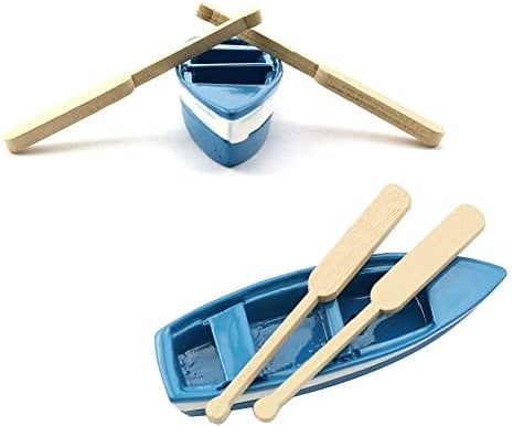 YXQ Lovely Miniature Blue Rowboat 2 Set Little Resin Boat Canoe Model with Oars for Miniature Cake Topper Decoration