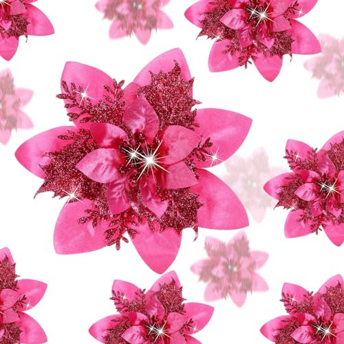 Geosar 24 Pezzi di Fiori Artificiali di Stella di Natale Glitterati Poinsettia di Natale con Clip per Addobbi di Regali e Alberi di Natale, 6 Pollici, 4 Pollici, 3 Pollici (Fucsia)