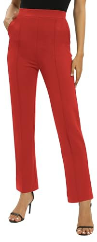 EXCHIC Femmes Bureaux Casual Jambes Droites élastique Travail Pantalons Taille Haute Pantalons avec Poches(L, Rouge)
