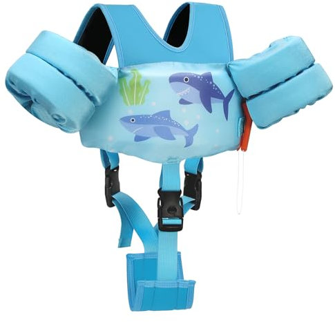 MoKo Chaleco Flotante de Natación para Niños, Manguito Flotador para Niños con Correa de Hombro y de Seguridad Ajustable Niños de 6 a 14 kg Aprender a Nadar Piscina Playa, S, Tiburón Azul