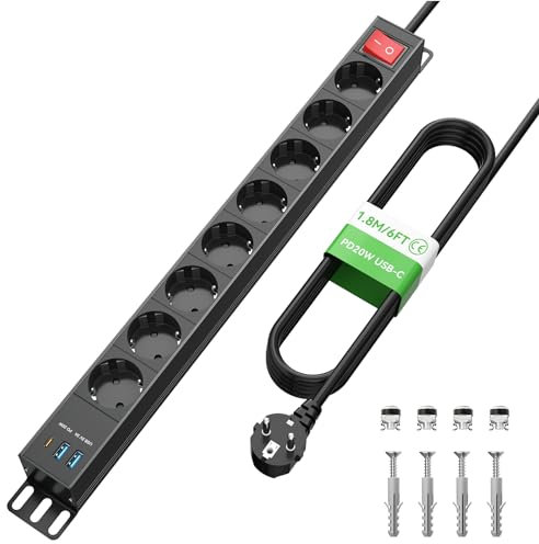Steckdosenleiste 8-Fach mit Überspannungsschutz Wandmontage, Mehrfachsteckdose USB C PD20W mit Schalter, Alu Steckdosenleiste Wandhalterung für Heim Büro Industrie,1.8M Kabel, 16A/3680W, Schwarz