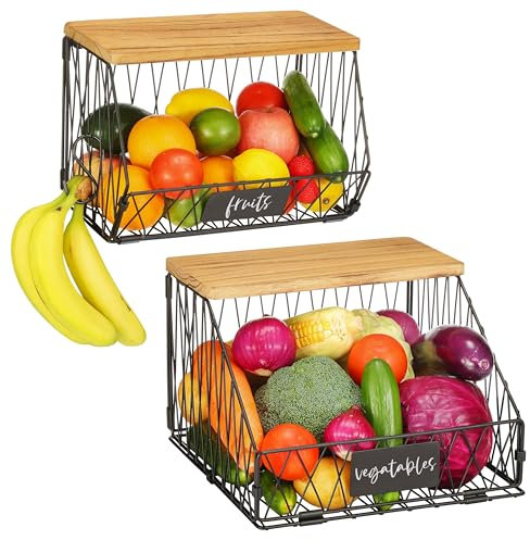 PERFNIQUE Fruit Basket, Wall Mounted Kitchen Baskets for Storage, 2PCS Stackable Fruit Holder with Wooden Lid, Vegetable Baskets for Kitchen, Hanging Metal Wire Baskets (Black, M & L)