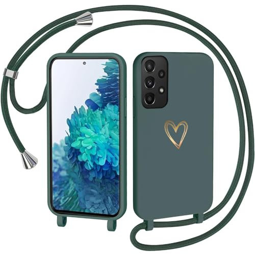 CaseLover Handyband für Samsung Galaxy A52s 5G/A52 4G/5G Hülle mit Band, Herz Muster Silikon Necklace Handyhülle mit Abnehmbar Kordel zum Umhängen Stossfest Bumper Schutzhülle für A52 4G/5G, Grün