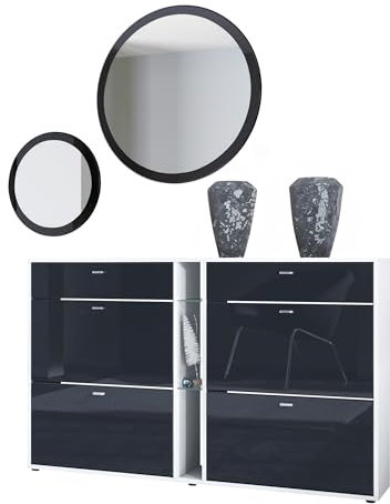 Vladon Garderoben-Set Florence mit Schuhschrank und 2 Wandspiegel, Made in Germany, Weiß matt/Schwarz Hochglanz
